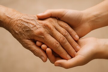Fototapeta premium Tender Hands Holding Elderly and Young Hands Showing Support and Compassion.