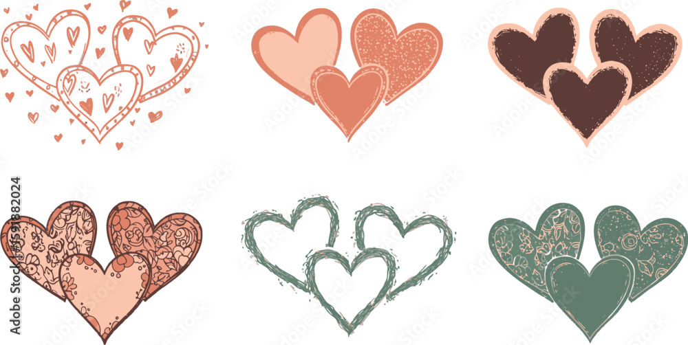 Poster vector art of a set of artistic heart illustrations with different textures and color palettes isola