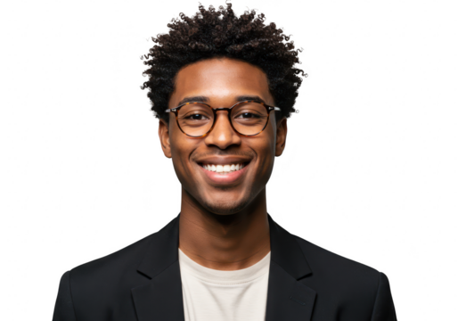 A young african american man with glasses and curly hair smiles confidently in a black blazer, isolated on white isolated on transparent background