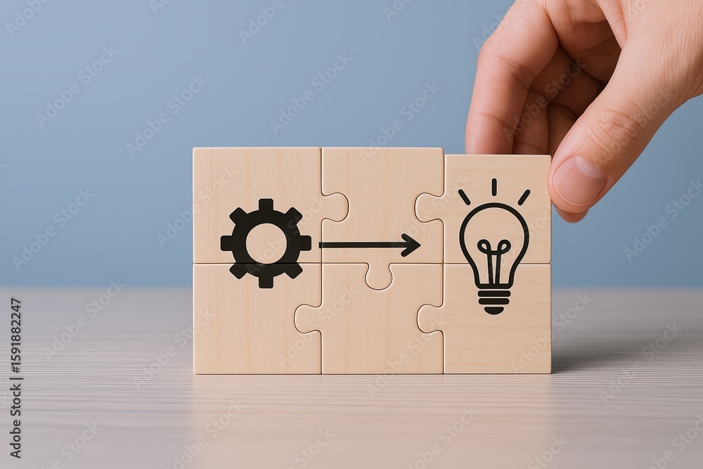 Poster conceptual image of interconnected gear and light bulb representing innovation and ideas.