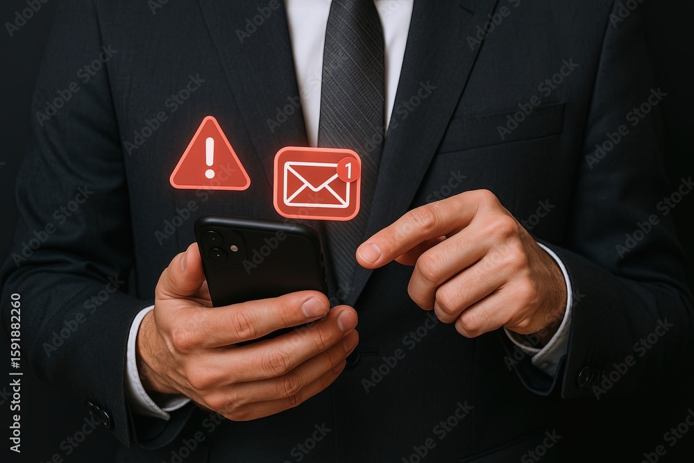 Poster business professional checking smartphone for security alerts and notifications.