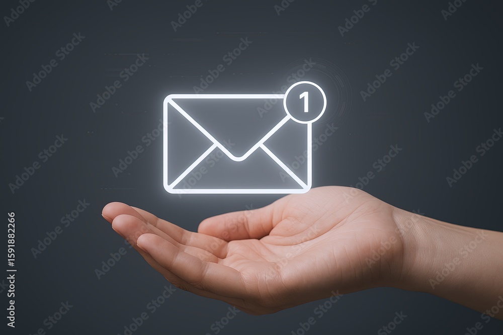 Aufkleber digital communication concept showing email notification icon floating above hand against dark backg