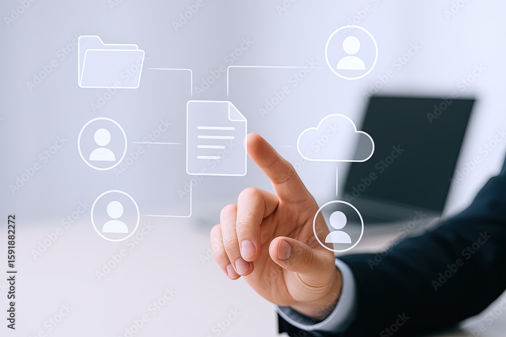 Poster businessman pointing at digital cloud data transfer icons with document and user profiles.