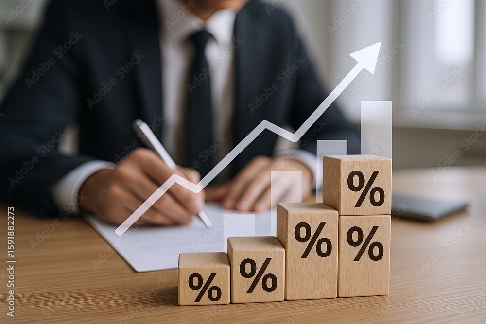 Poster businessman analyzing growth chart with increasing financial progress and statistics.