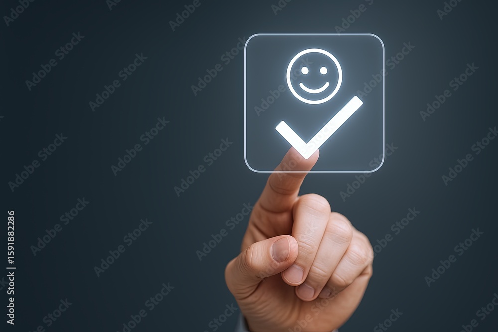 Poster modern digital interface with a glowing smiley face icon and checkmark symbol.