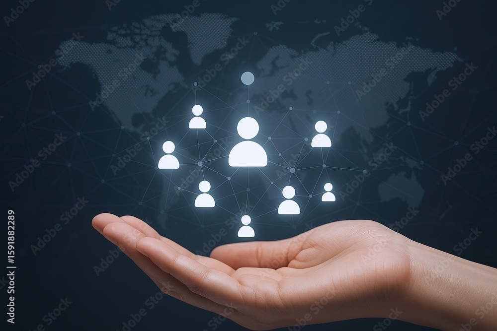 Poster digital social network connections icons with glowing user symbols over world map.