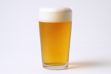 Refreshing cold golden beer in a clear glass with frothy white head on white background.