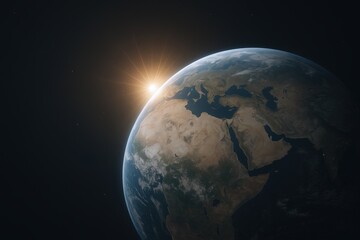 Fototapeta premium Stunning view of Earth from space with sun rising over horizon and detailed landmasses.