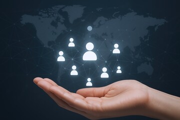 Digital social network connections icons with glowing user symbols over world map.