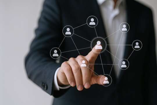 Professional businessman interacting with digital social network connection interface.