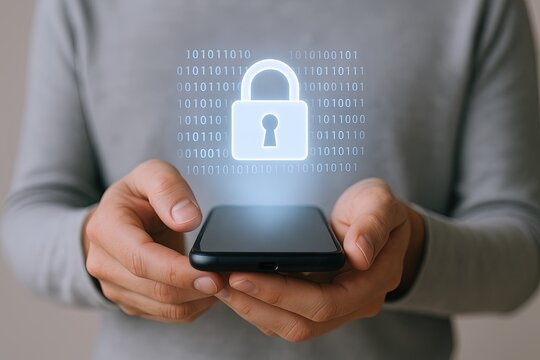 Modern person holding smartphone with digital lock icon and binary code in background. - Powered by Adobe