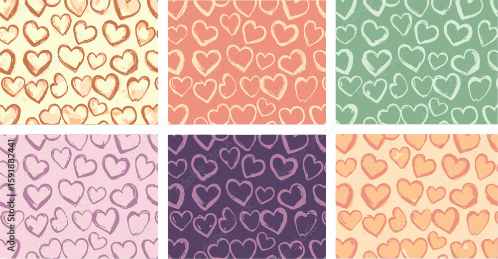 Poster vector art of a charming seamless pattern of sketched hearts in a variety of soft, muted colors isol
