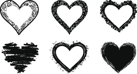 Vector art of a collection of black and white heart outlines with unique decorative patterns isolated on transparent background