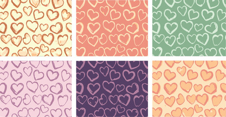 Vector art of a charming seamless pattern of sketched hearts in a variety of soft, muted colors isolated on transparent background