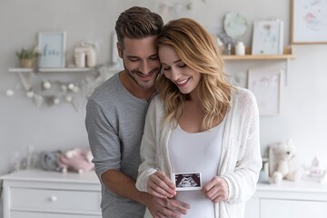 young couple looking at scan photo of their baby