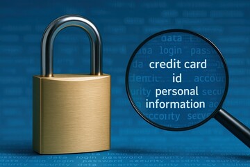 Close up of golden padlock with magnifying glass focusing on personal information and credit card security.