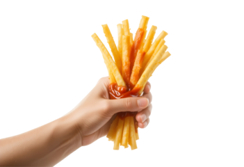 Hand Holding French Fries PNG Cutout – Transparent Snack Image.