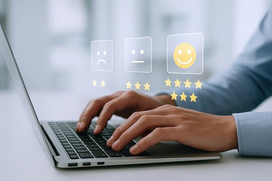 Businesswoman Feedback Analysis Using Digital Smiley Rating System on Laptop Screen.