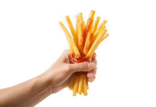 Hand Holding French Fries PNG Cutout – Transparent Snack Image.