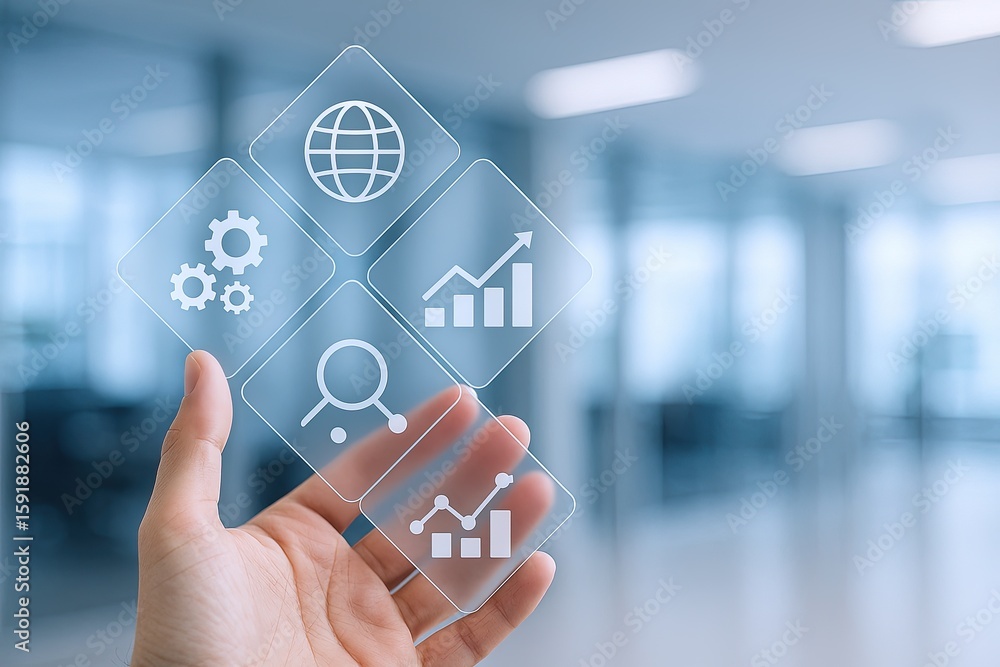 Poster modern business analysis and strategy concepts with digital interface on transparent screen.