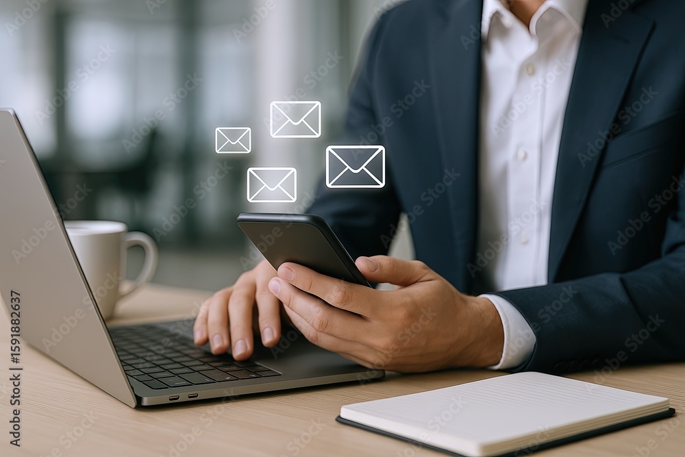 Poster businessman in formal suit using smartphone for messaging with email notifications on screen.