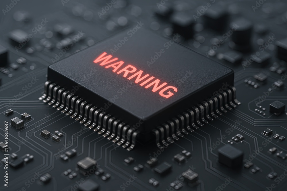 Poster close up of a black computer chip with the word warning illuminated in red on a circuit board.
