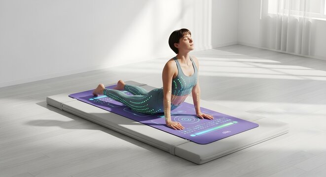 Woman Doing Yoga on Smart Mat with Digital Body Tracking Overlay in Bright Room