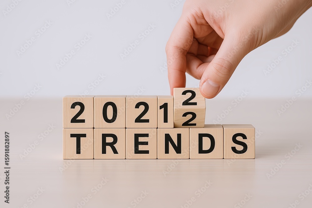 Poster hand arranging wooden blocks with numbers and word trends 2021 showing growth and modern style.