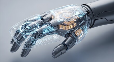 Futuristic Robotic Hand with Advanced Digital Interface and Transparent Design