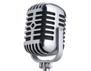  Classic retro chrome vintage microphone with grill and stand, isolated on transparent background PNG