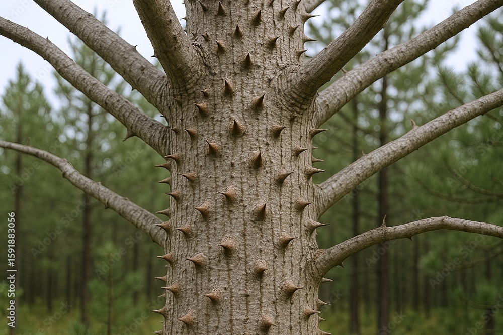 Poster close-up of difficult tree with spiky bark and branches in a forest environment.