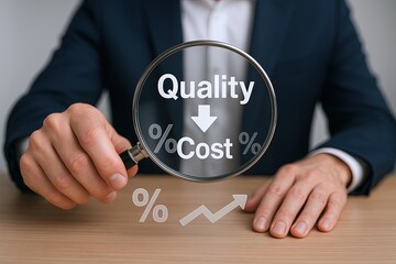 Professional businessman holding magnifying glass over quality cost analysis concept image.