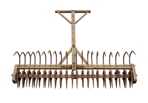 An old wooden garden rake with metal tines, isolated on a transparent background