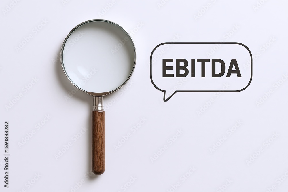 Poster close-up of magnifying glass with wooden handle and a speech bubble with ebitda text.