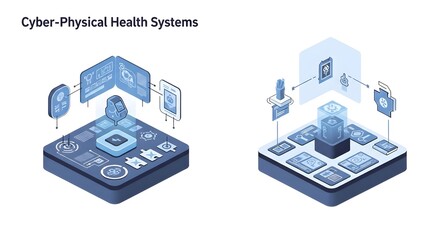 Cyber-Physical Health Systems: Isometric Illustration of Digital Healthcare Technology and Data Integration