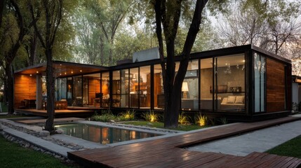 Fototapeta premium Modern Architectural Glass House With Natural Wood Accents Surrounded By Lush Greenery And Water Features