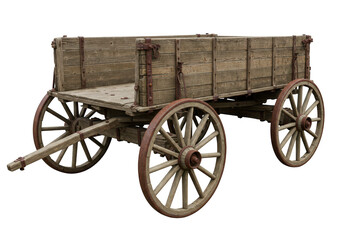 Obraz premium An old wooden wagon with large spoked wheels, isolated on a transparent background