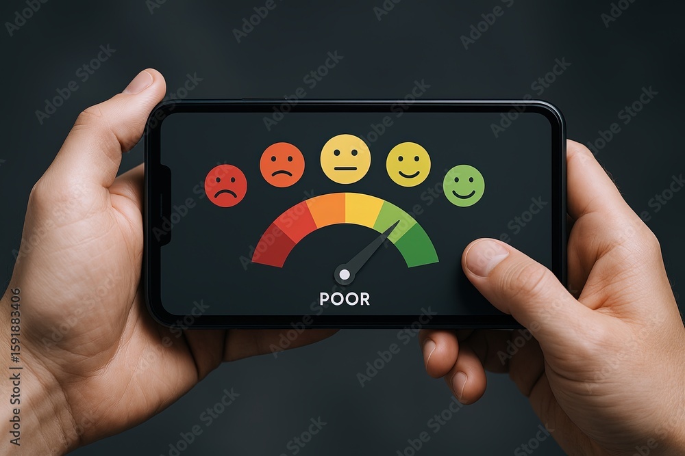 Poster hand holding smartphone displaying a customer satisfaction survey with a smiley face feedback scale.
