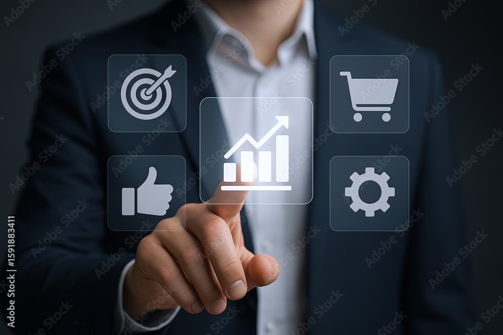 Poster businessman in formal suit interacting with digital interface displaying growth icons and analytics.