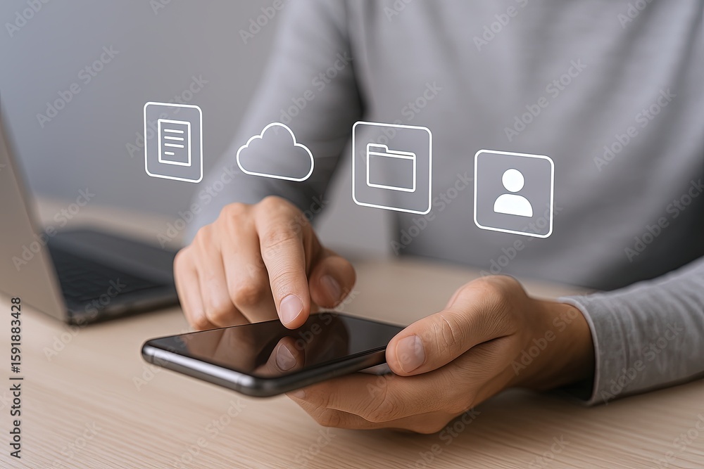Poster modern person using smartphone with cloud storage and digital file icons on screen.