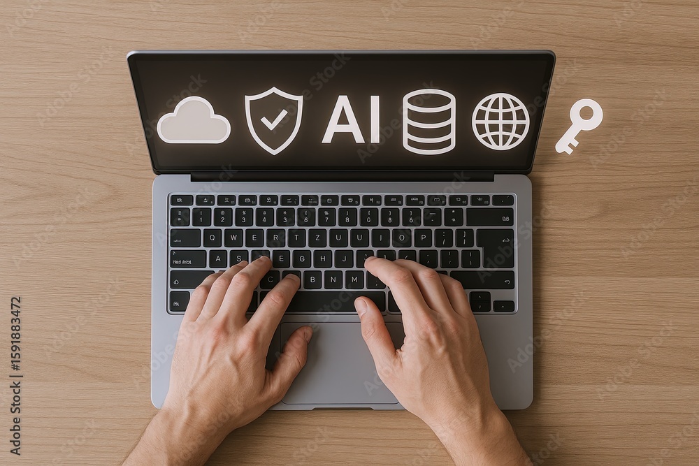 Poster hands typing on laptop keyboard with cloud shield ai globe and key icons.