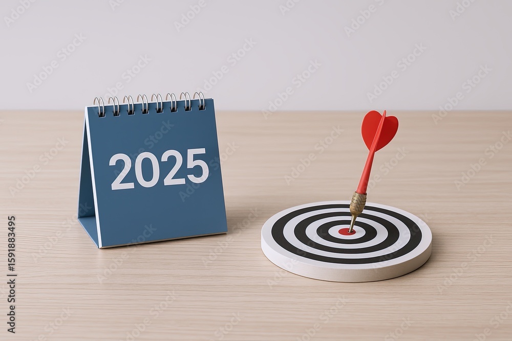 Poster calendar and dartboard with heart-shaped dart symbolizing love and targeting goals.