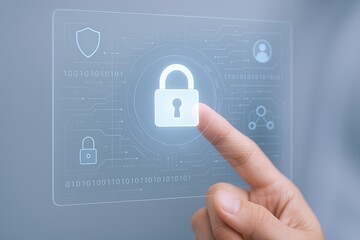 Fototapeta premium Modern touchscreen digital security interface with highlighted lock icon and cybersecurity elements.