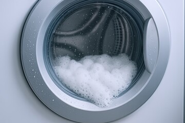 Front view of a modern washing machine with soap suds inside and water flowing.