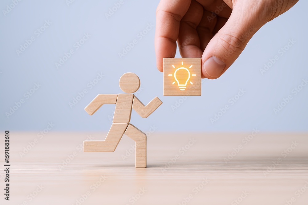 Poster hand placing wooden block with light bulb icon on miniature running figure symbolizing innovation.