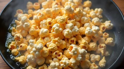 Tasty golden popcorn overflows from a dark pan, a snack food treat that brings joy for movie night and casual gatherings. - Powered by Adobe