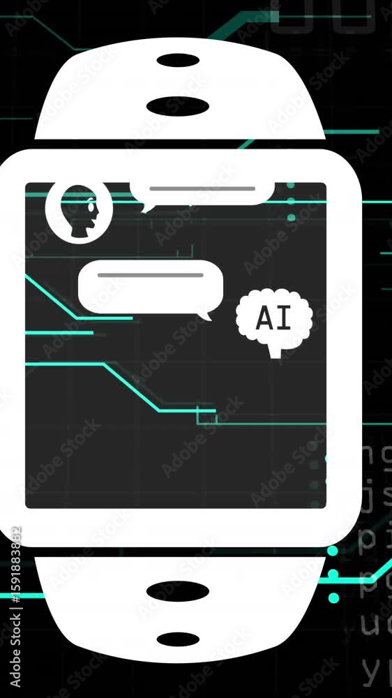 Poster animation of ai text, icons and data processing on smartwatch over circuit board
