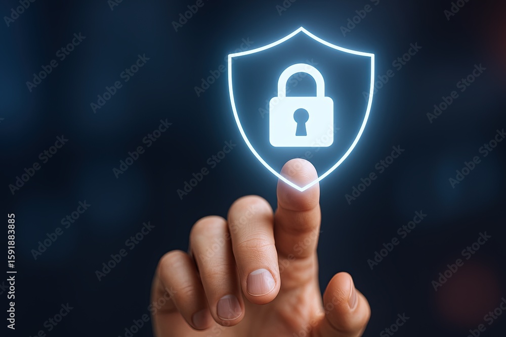 Poster digital security shield with lock icon over a hand in a technology and cyber security concept.