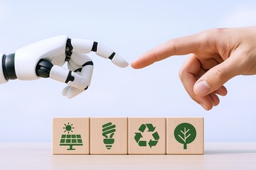 Human hand reaching out to touch robotic hand with eco-friendly and renewable energy symbols.