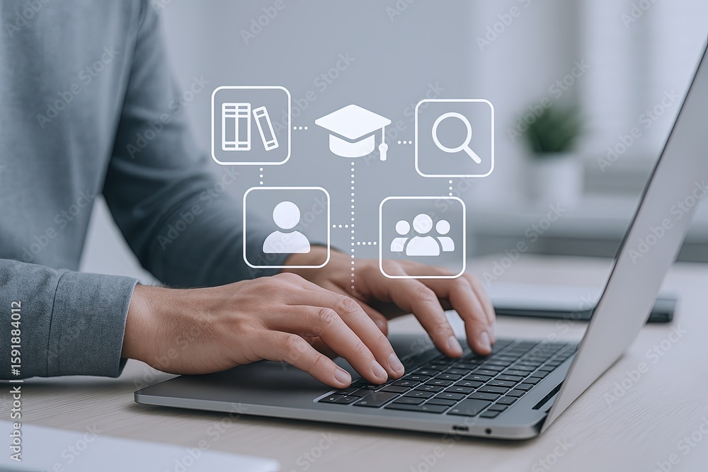Poster person typing on laptop keyboard with digital connection icons in modern workspace.
